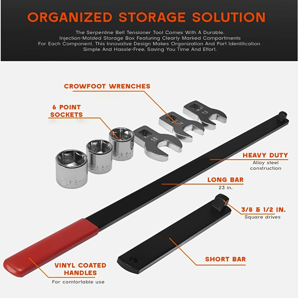 8pcs Professional Automotive Serpentine Belt Tool Set, Universal 3/8" 1/2" Drive Serpentine Belt Adjust Tightener Wrench Tool Set, Idler Pulley Adjuster Wrench, Easy To Install, Automotive Belt Removal And Installation Kit For Car Engine Repair