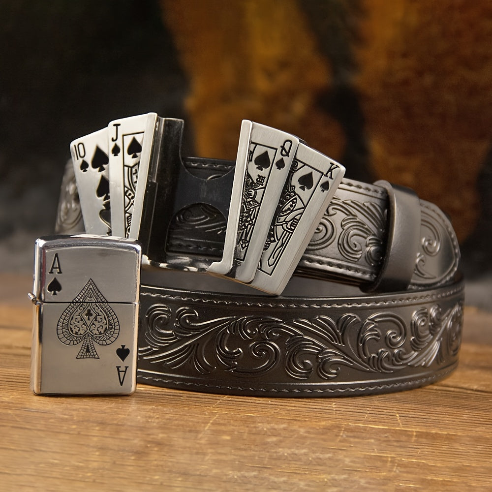 Men'S Western Denim Genuine Leather Belt, with a Lighter And Playing Card Clasp, Embossed Detail Craftsmanship, an Ideal Gift for Your Boyfriend Or Husband