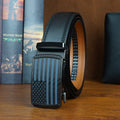 Elegant Men's Genuine Leather Belt with American Flag Automatic Buckle - Sleek Black and Brown Ratchet Design, Alloy Clasp, Perfect for Formal and Casual Wear