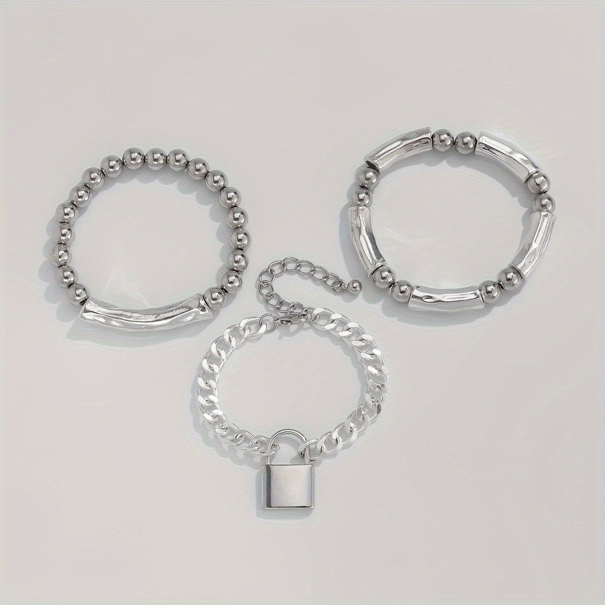 3pcs 925 Silver Exquisite Silvery Beaded Punk Bracelet Set with Lock Pendant