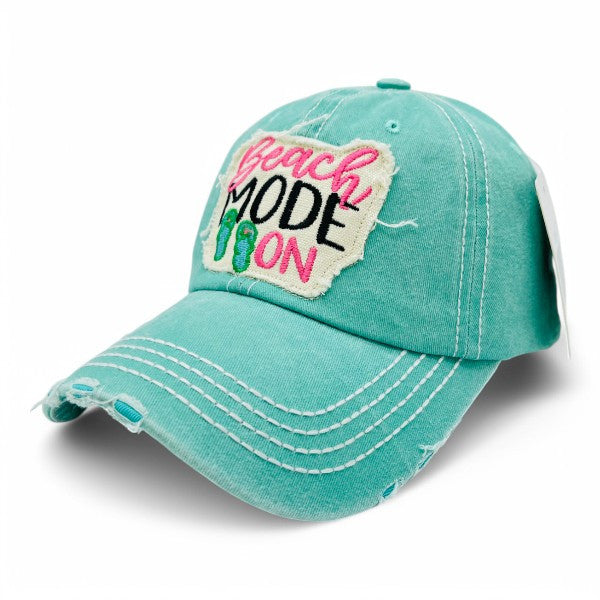 Beach Mode On Vintage Distressed Embroidered Baseball Cap For Women - 100% Cotton, Breathable, Casual, Adjustable, UV Protection