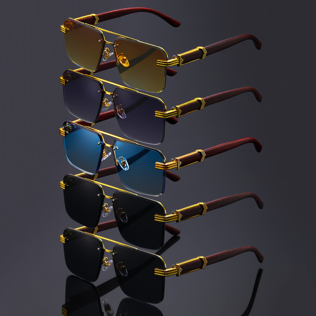 5 Pack  Double Bridge Rimless Glasses - Unisex Wooden Temple Lightweight Polycarbonate, Stylish Statement Eyewear for Parties & Fashion Lovers