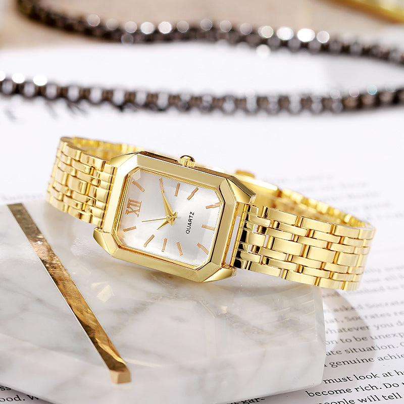 2pcs Elegant Luxurious Gold-tone Women'S Watch Set | Casual Rectangular-dial Analog Wrist Watches with Stainless Steel and Band, Non, Shock-resistant, Special Gift for Women