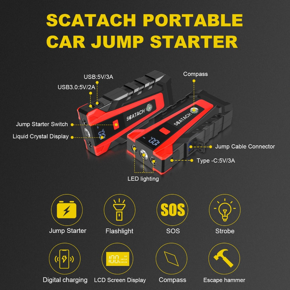 The Car Emergency Starter Power Supply Comes with A Digital Tire Pressure Gauge And Air Pump, A Window Breaker Hammer, And Is Suitable for 12V Cars, Trucks, SUV, Rvs, And Motorcycles. It Features A Multi-Functional Portable LED Display, SOS