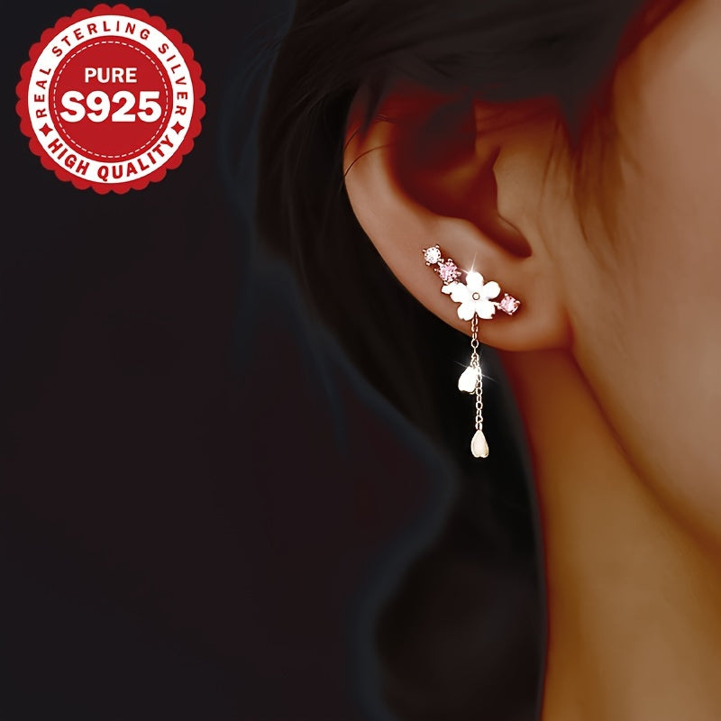 1 Pair of Cherry Blossom Tassel Earrings, S925 Pure Silvery Flower Earrings, Cute Japanese Style Temperament, Classic Tassel Earrings, Suitable for Multiple Occasions, Low Allergy 1.6G