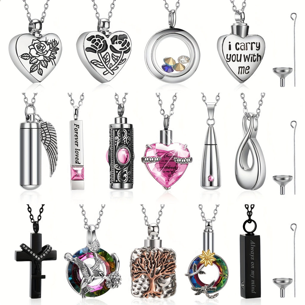 15pcs Urn Necklace for Ashes Keepsake Cremation Jewelry Cross Heart Cubic Locket Ashes Necklace for Halloween