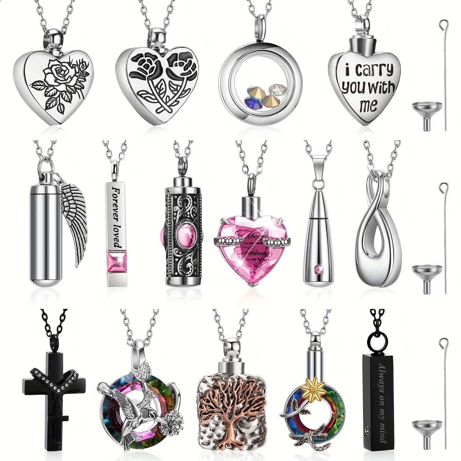 15pcs Urn Necklace for Ashes Keepsake Cremation Jewelry Cross Heart Cubic Locket Ashes Necklace for Halloween