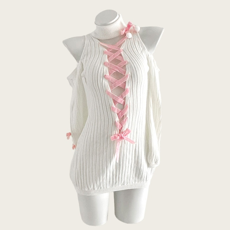 F-237 New Japanese-Style Sexy & Cute Bowknot Bodycon Wool Dress, Two-Dimensional Cosplay Pure Desire Style, White Off-Shoulder Design