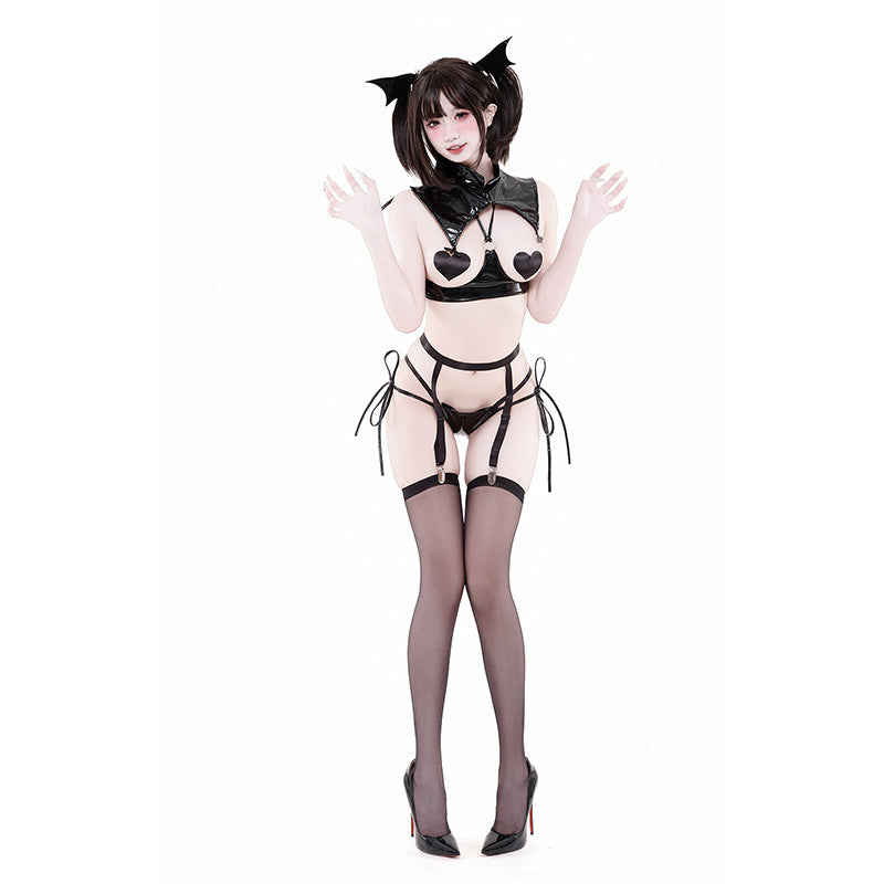 F-241 Patent Leather Little Devil Japanese-Style Anime Cosplay Two-Piece Sexy Lingerie: Innocent-Sexy Style