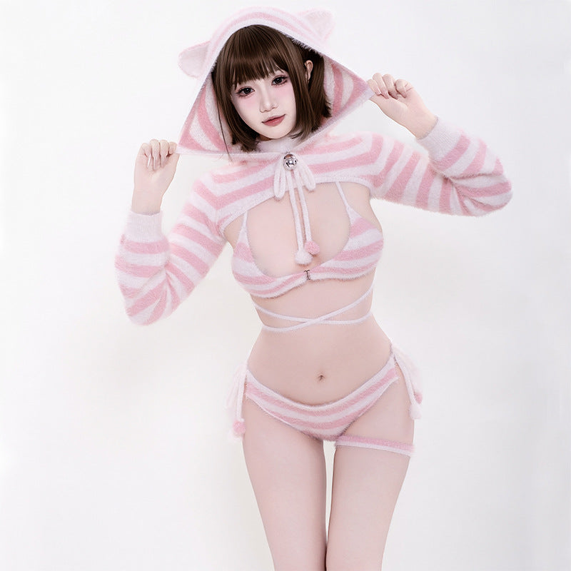F-238 Striped Rex Rabbit Fur Bikini Sexy Cosplay Outfit & Cute Pajamas