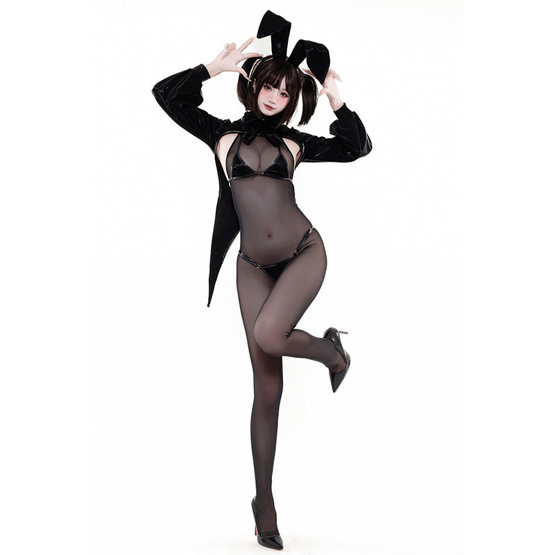 F-242 Shimmering Leather Bunny Girl Sexy Lingerie Halloween Set: Black Headband, Tuxedo-style Bodysuit