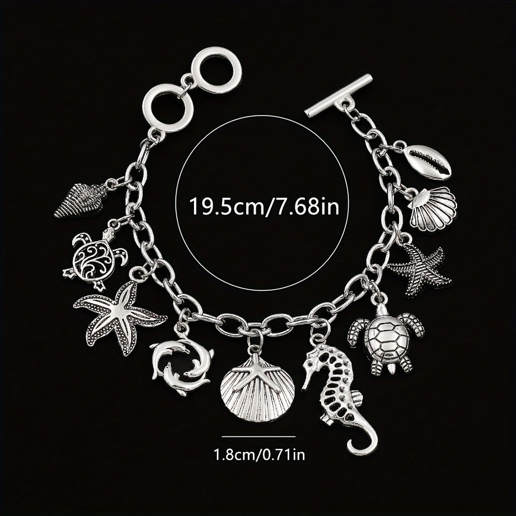 S925 Silver 1pc Ocean Style Seahorse Turtle Dolphin Starfish Sea Snails Scallop Conch Charm Pendant Chain Bracelet, Marine Animal Bracelet Friendship Jewelry Gift.Total Weight Of The Product (3g)