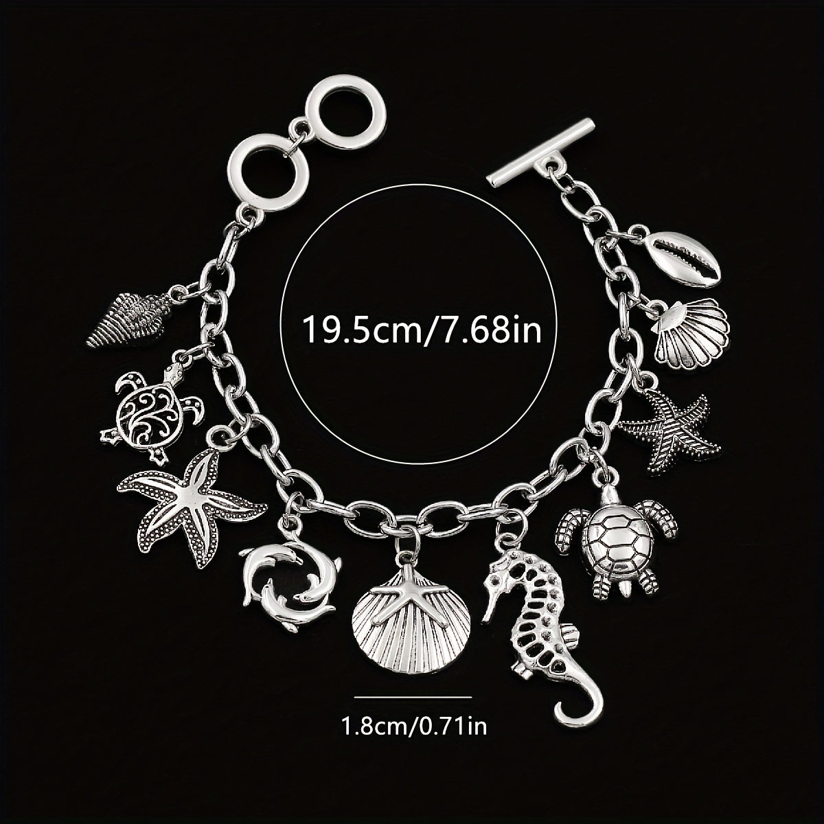 S925 Silver 1pc Ocean Style Seahorse Turtle Dolphin Starfish Sea Snails Scallop Conch Charm Pendant Chain Bracelet, Marine Animal Bracelet Friendship Jewelry Gift.Total Weight Of The Product (3g)