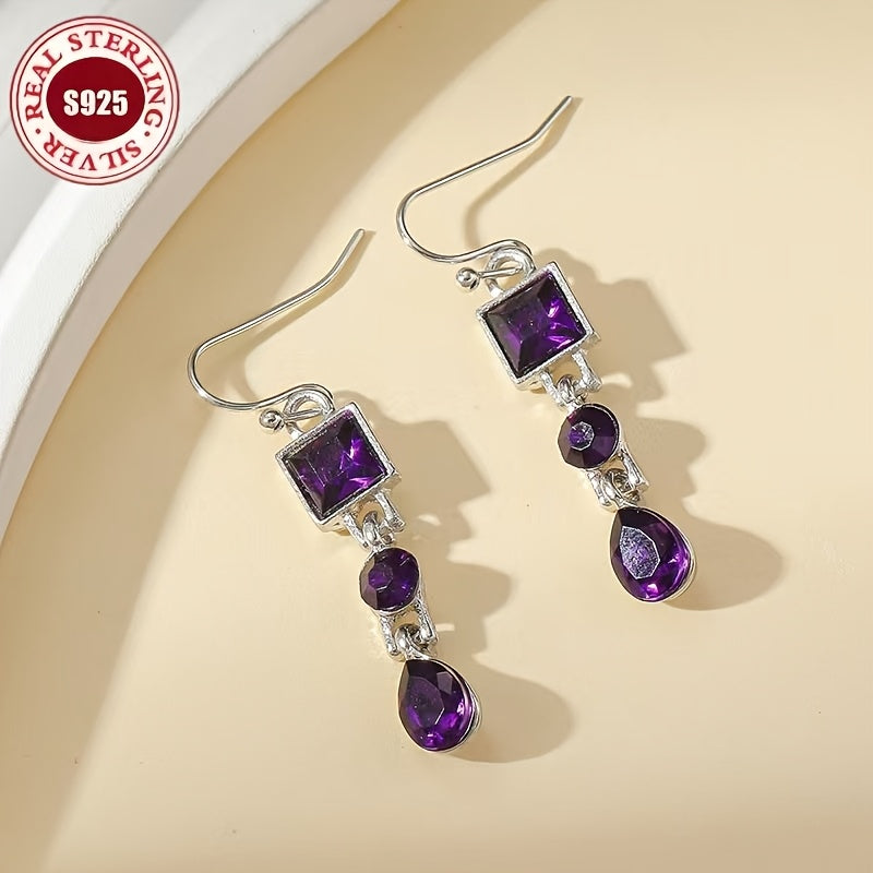 925 Silver Retro Amethyst Three Stone Earrings Lightweight Long Style Square Elliptical Water Drop Pendant Earrings Are The Best Christmas And Birthday Gifts for Yourself And Your Loved Ones