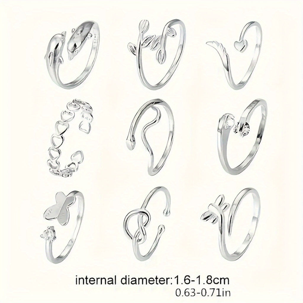 9pcs S925 Sterling Silver Adjustable Foot Ring Set Snake Butterfly Dragonfly Dolphin Heart Leaf Etc Shape Foot Ring Set for Women