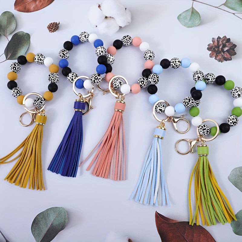 5-6pcs Vibrant Leopard Print And Polka Dot Beaded Keychain Wristband Fringe Charm Fashion Bag Accessories And Car Key Pendant, Ideal Gift for Women