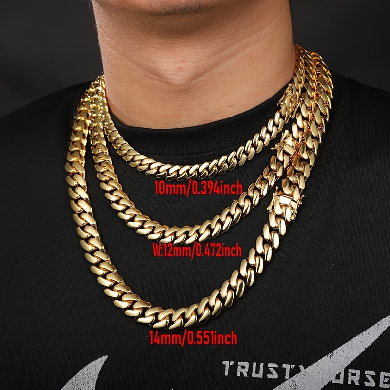 2pcs Thick 18K Gold Plated Plated Hip Hop Jewelry Set Stainless Steel 14mm Men Cuban Link Chain Pattern Buckle Necklace Bracelet