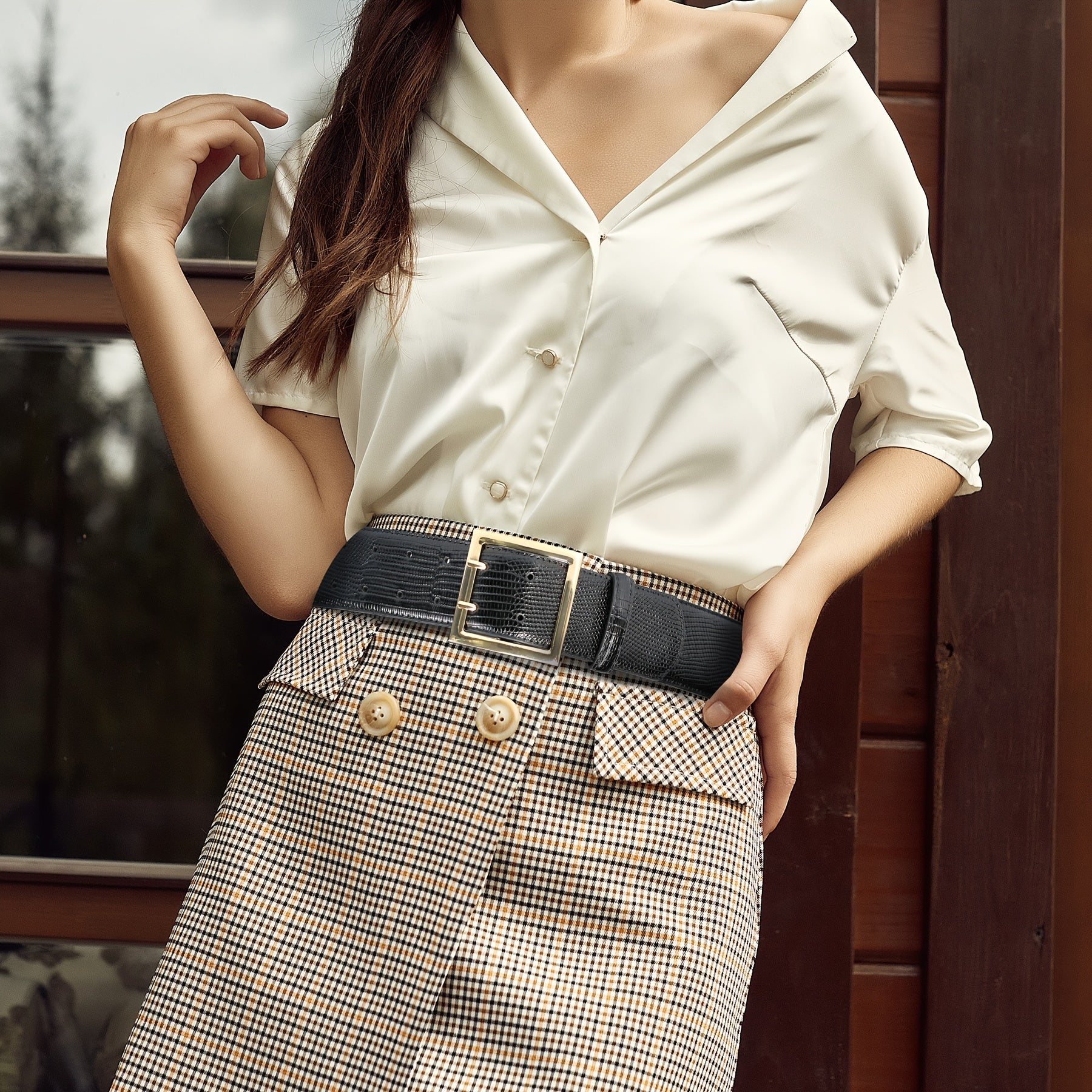 Wide Belts for Women Dresses Thick Jeans Golden Buckle Ladies Waist Double Prong Belt Plus Size