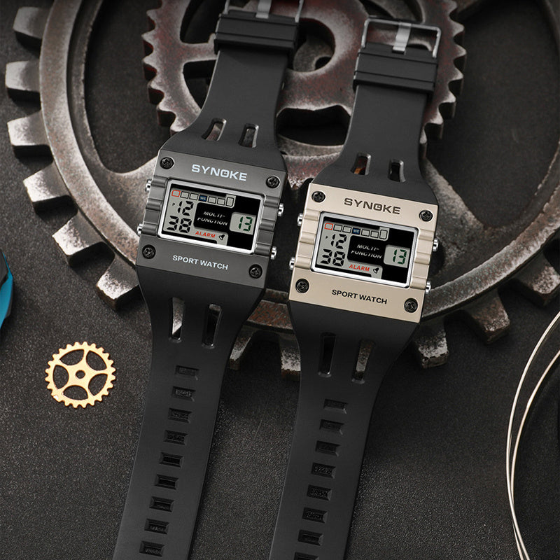 Men Digital Watch Rectangle Large Face Easy To Read Watch Multifunctional Sports Alarm Clock LED Watch