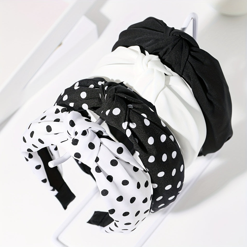 4pcs Women’s Knotted Headbands – Stylish Wide Brimmed Hair Accessories with Elegant Polka Dot Design in Black & White, Retro and Minimalist Look for Daily Wear, Cute Hair Accessories