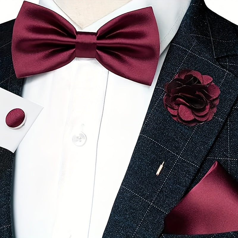 Set of 5 Ties in a Box, Featuring a Solid Color Necktie, Satin Bow Tie, Pocket Square, Lapel Pin, And Cuff Links for Weddings, Formal Gatherings, And Business Events - High-Quality, Versatile, And Fashionable Additions