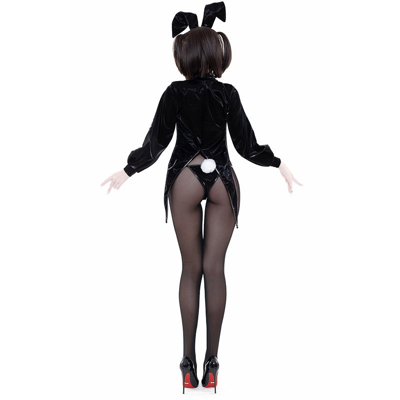 F-242 Shimmering Leather Bunny Girl Sexy Lingerie Halloween Set: Black Headband, Tuxedo-style Bodysuit