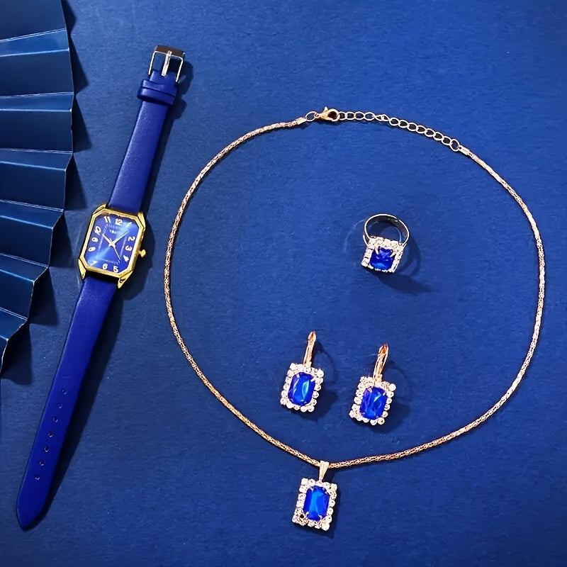 6pcs Women's Elegant PU Leather Quartz Watch & Jewelry Set with Matching Bracelet, Ring, Earrings, Necklace - Elegant Wristwatch Gift Suitable for Weddings,, Birthdays - Complete Accessory