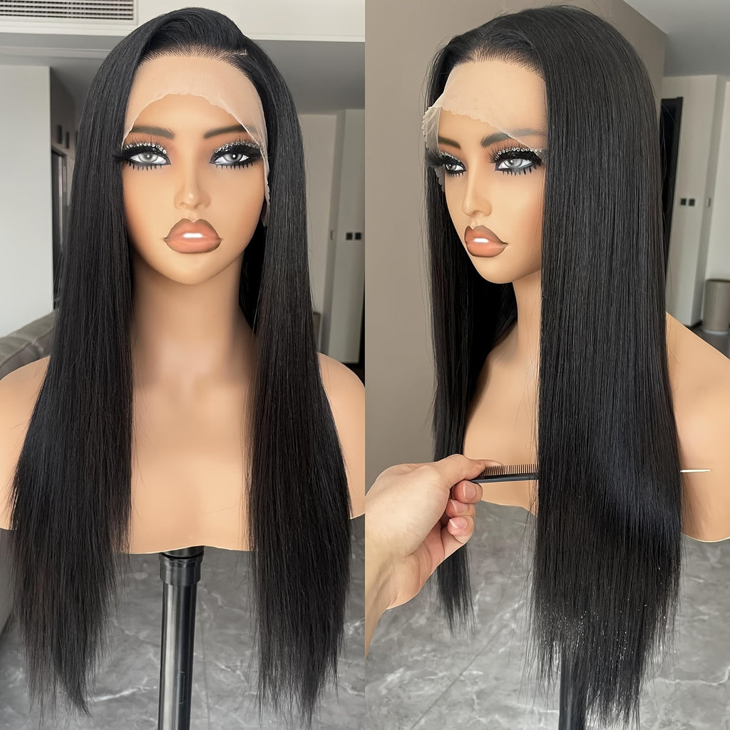 EALGA Long Straight Lace Front Wigs in Natural Black, Glueless And Pre-Plucked Synthetic HD Lace Front Wig Designed for Black Women, Suitable for Parties, Daily Wear, And Halloween