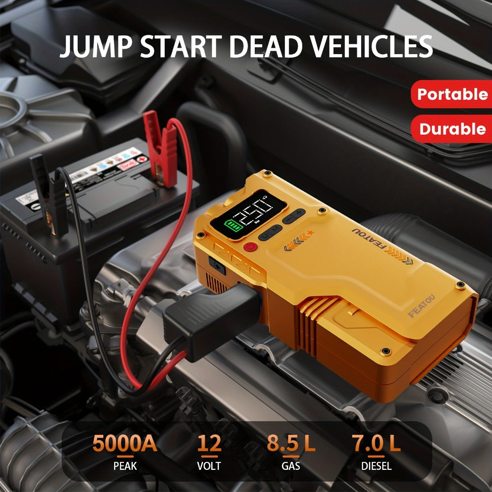 Jump Starter with Air Compressor, Portable Car Jump Starter, 5000A&7000APeak, Jump Starter Battery Pack With150PSI Digital Tire Inflator, Car Battery Jump Starter for 10.L Gas Or 2.38gal Diesel Fast Charging USB Output, LED Emergency Lighting