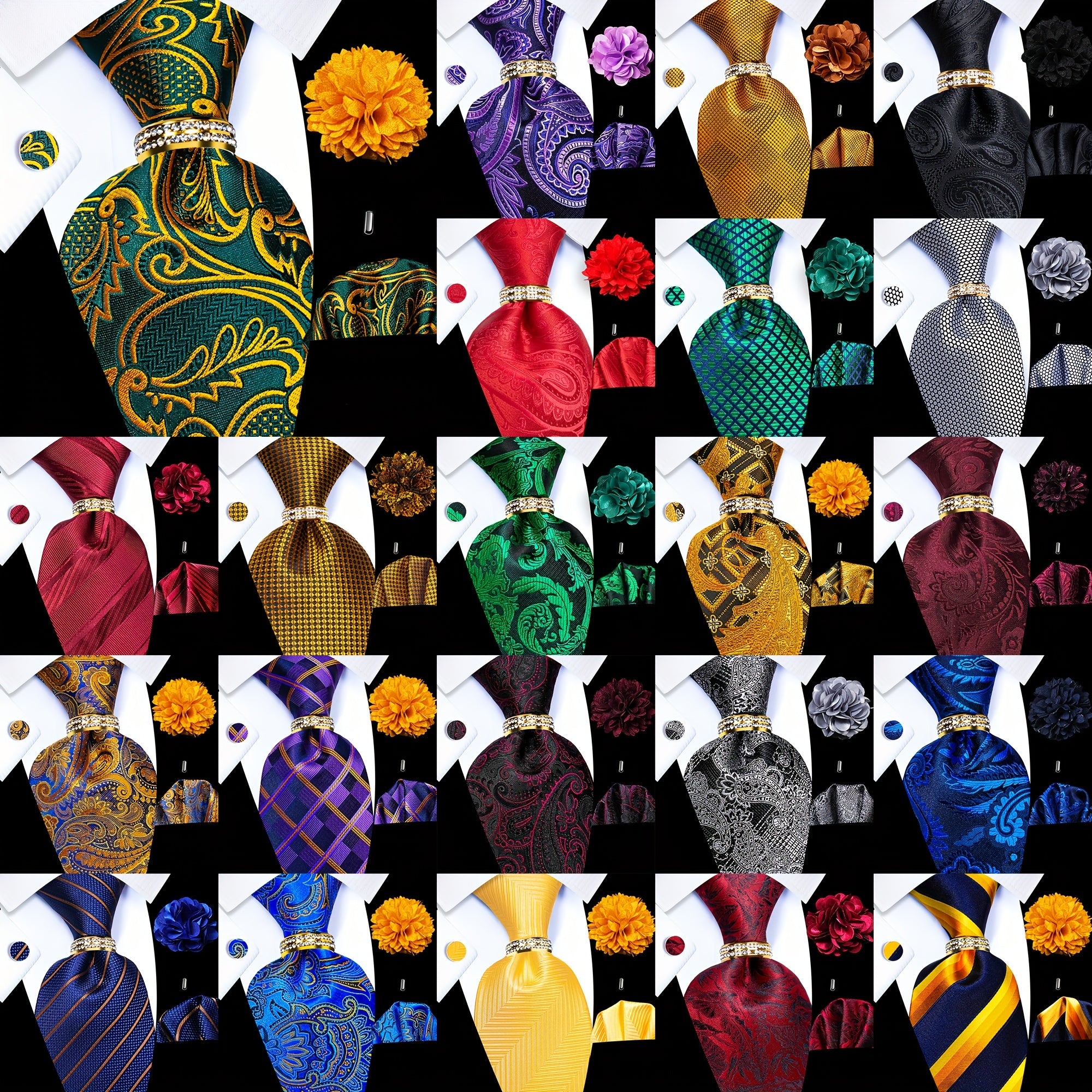 Set of 5pcs Including Men'S Ties, Pocket Squares, Cufflinks, a Golden Drilled Tie Ring, And a Lapel Pin, Perfect for Weddings, Groom Parties, Business Events, Or As a Gift for Men
