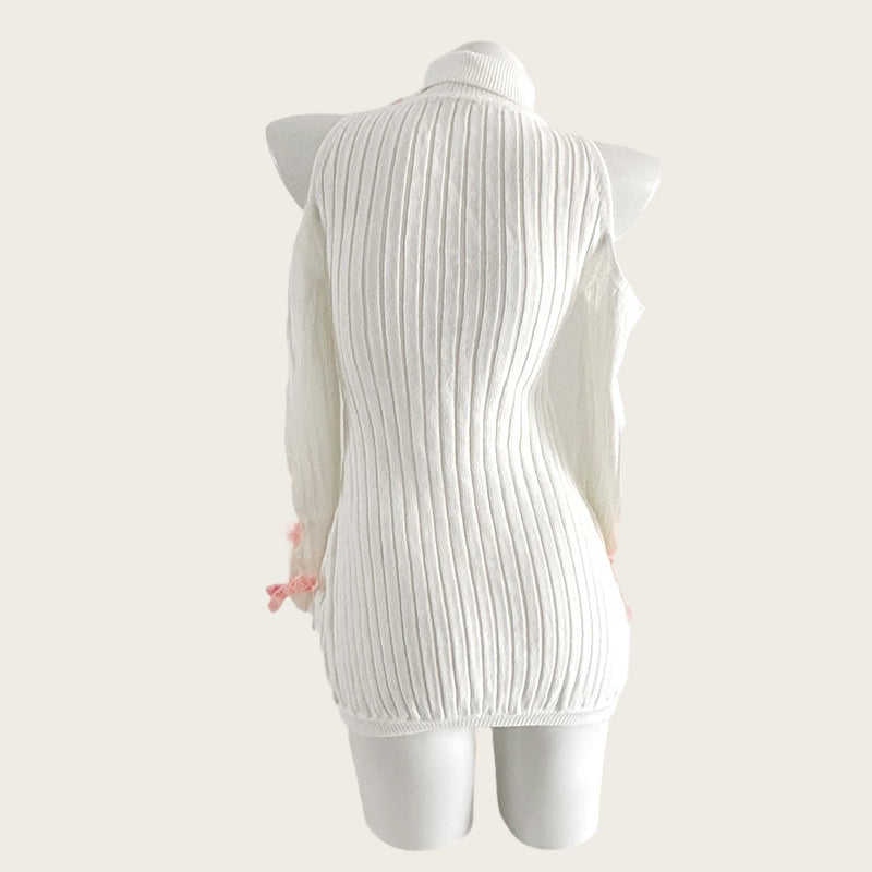 F-237 New Japanese-Style Sexy & Cute Bowknot Bodycon Wool Dress, Two-Dimensional Cosplay Pure Desire Style, White Off-Shoulder Design