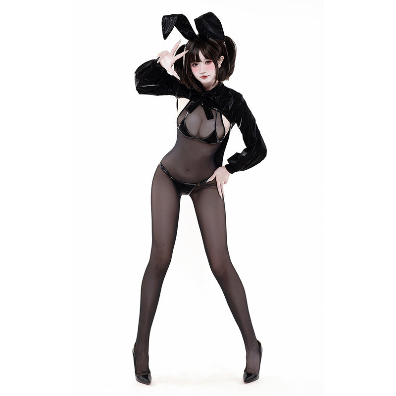 F-242 Shimmering Leather Bunny Girl Sexy Lingerie Halloween Set: Black Headband, Tuxedo-style Bodysuit