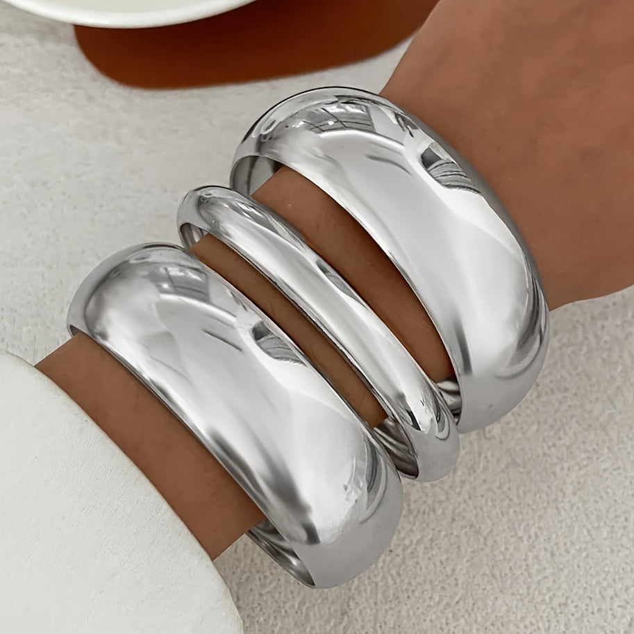 [Holidays, Parties, Dates] 3pcs Set: Geometric Circular And Asymmetrical Shaped Metal Bracelets with Twisted Textures, Cuff Style. Featuring an Exaggerated Wide And Large Design, in a Fashionable, Easy, Elegant And Retro Style. Suitable for Holidays, Part
