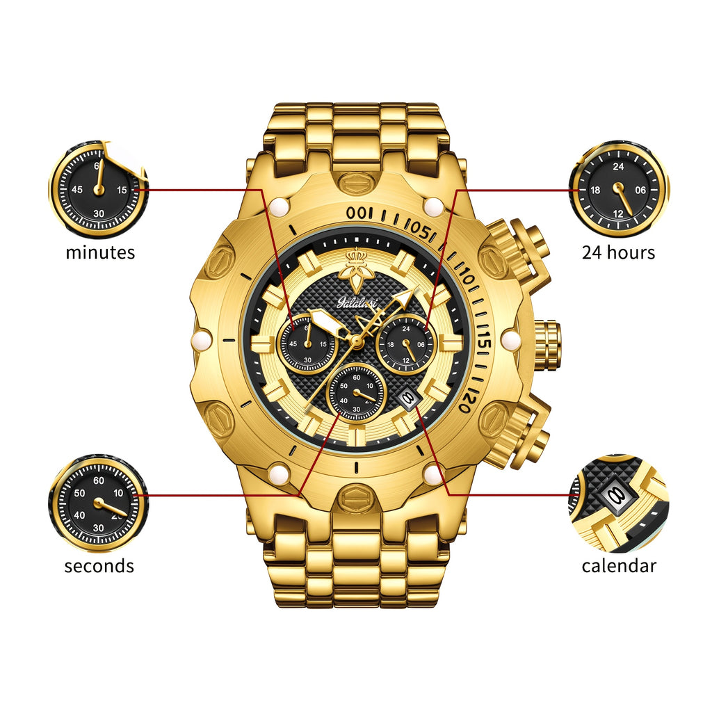 YaLaLuSi Brand 1pc Men's Multifunctional Luxury Quartz Watch Golden Strap with Atmospheric Dial Bully Color Scheme Eye-catching Eye-catching Chronograph Sub-Dial Practical Gift Box Strap Remover for Men Loved Ones Father Gift