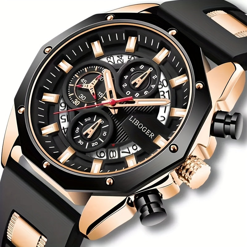 Men's Luxury Large Dial Chronograph Wristwatch - Blue & Golden Analog Watch with Day/Date/Month Display, Quartz Movement, 24H Chronograph, High Quality 1181.1inch, Elegant Brown Strap & Golden Buckle, Multi-Functional Business & Sports Watch for Formal &