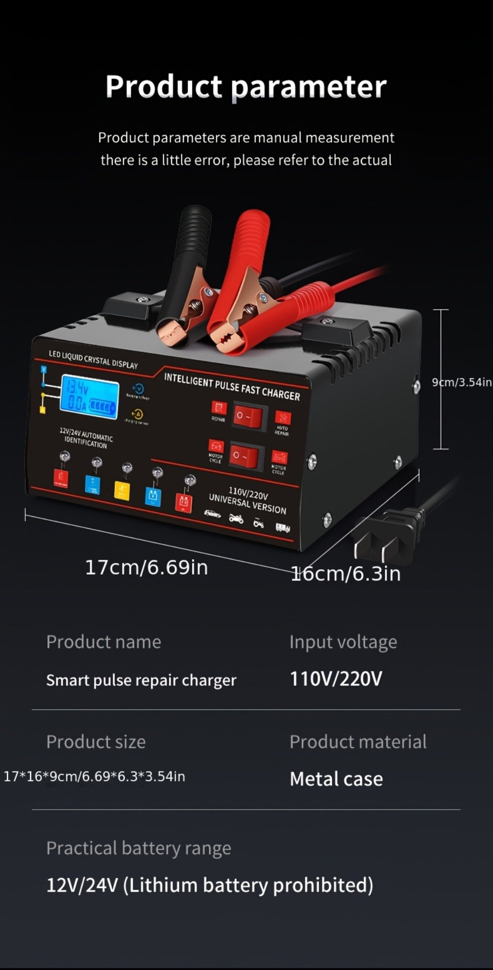 12V&24V Intelligent Universal Battery Charger With LCD Display, Smart Repair, Temperature Compensation, Overcharge And Short Circuit ProtectionSuitable For Intelligent Trickle Charging Of Cars, SUV, Trucks, Yachts, Motorcycles Battery Maintenance