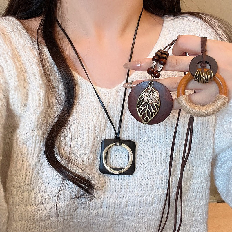 4pcs Bohemian Necklace Set for - Wood & Alloy Pendants with Butterfly, Leaf, Bead & Disc Charms - Multi-Color Bead Chains (Brown/Tortoiseshell) - Boho Gift Collection for Daily Wear, Parties & Vacations