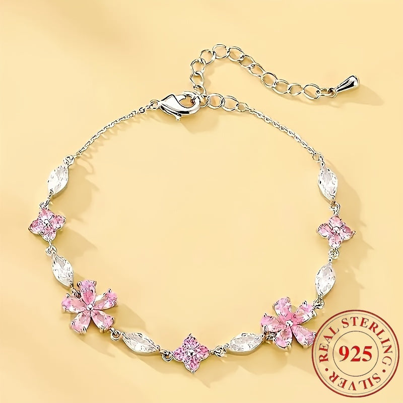1 Women's S925 Silver Pink Cherry Blossom Bracelet, Fashionable, Cute, Exquisite Square Synthetic Synthetic Zirconia Petal Cherry Blossom Bracelet Adjustable