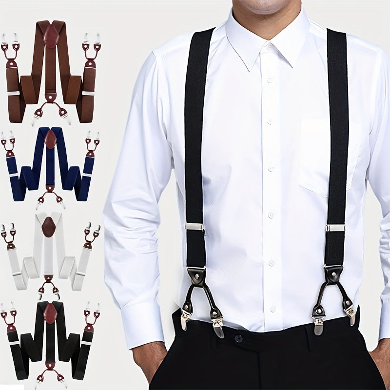 Men'S Suspenders, Suit Brace Y-back PU Leather Heavy Duty Suspender With 6 Metal CliP