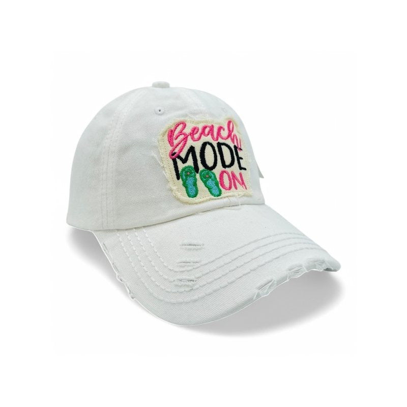 Beach Mode On Vintage Distressed Embroidered Baseball Cap For Women - 100% Cotton, Breathable, Casual, Adjustable, UV Protection