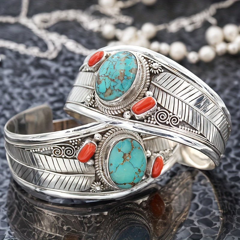 Vintage Ethnic Style Inlaid Imitation Turquoise Opening Adjustable Bracelet Jewelry Gift 1pc