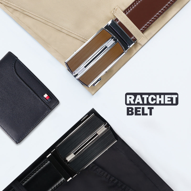 2pcs Genuine Leather Ratchet Belt for Men - Adjustable Automatic Buckle, Versatile Casual Business Style, Durable Alloy Buckle, High-Quality Leather Panel, Easy to Wear And Suitable for Any Occasion