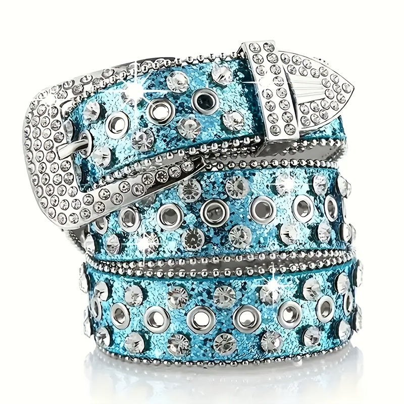 Women's & Men's Punk Rock Rhinestone Belt with Heavy Metal Rivets - PU Sparkling Sequin Waist Chain Accessory Suitable for Parties, Concerts, Daily Wear - Y2K Style Bold Statement Belt (Unisex)