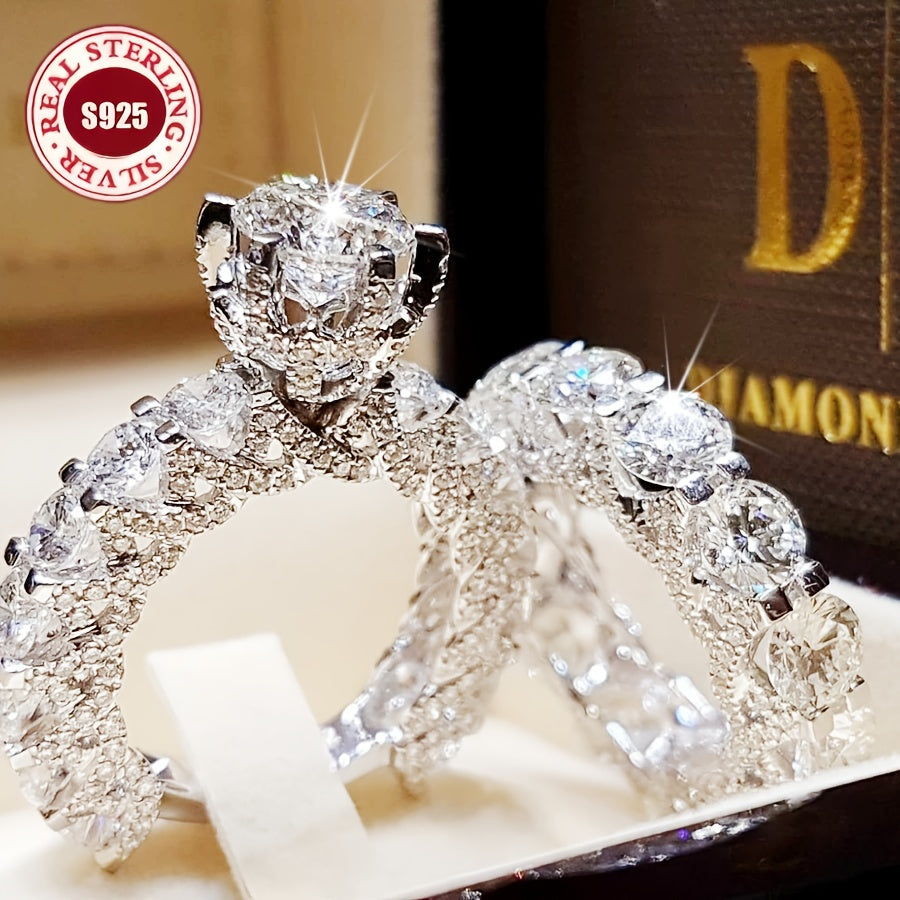 [Party, Banquet, Birthday Gift] Elegant S925 Sterling Silver Two-Piece Ring Set, Elegant Ladies' Ring Set, 5A Zirconia Ring, Ladies' Luxury Ring - Fashionable Ladies' Engagement Ring, Party, Banquet, Birthday Gift, Christmas Gift, Perfect Gift for Girlfri