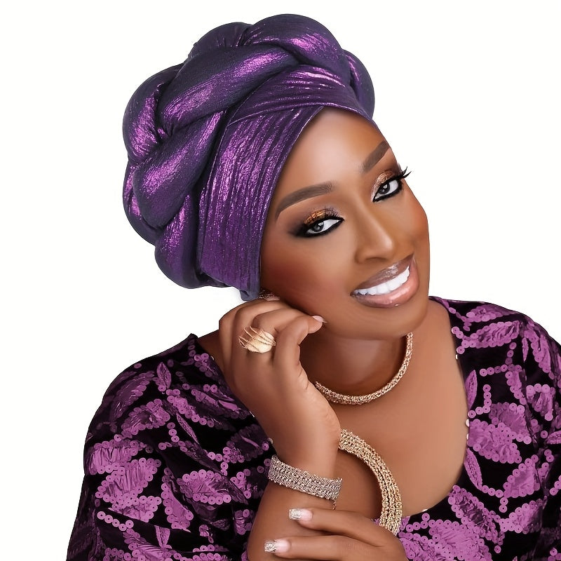 Fashion Western African Muslim Side Thick Braids Thousand Leaves Solid Color Pullover Headscarf Ethnic Hat Women'S