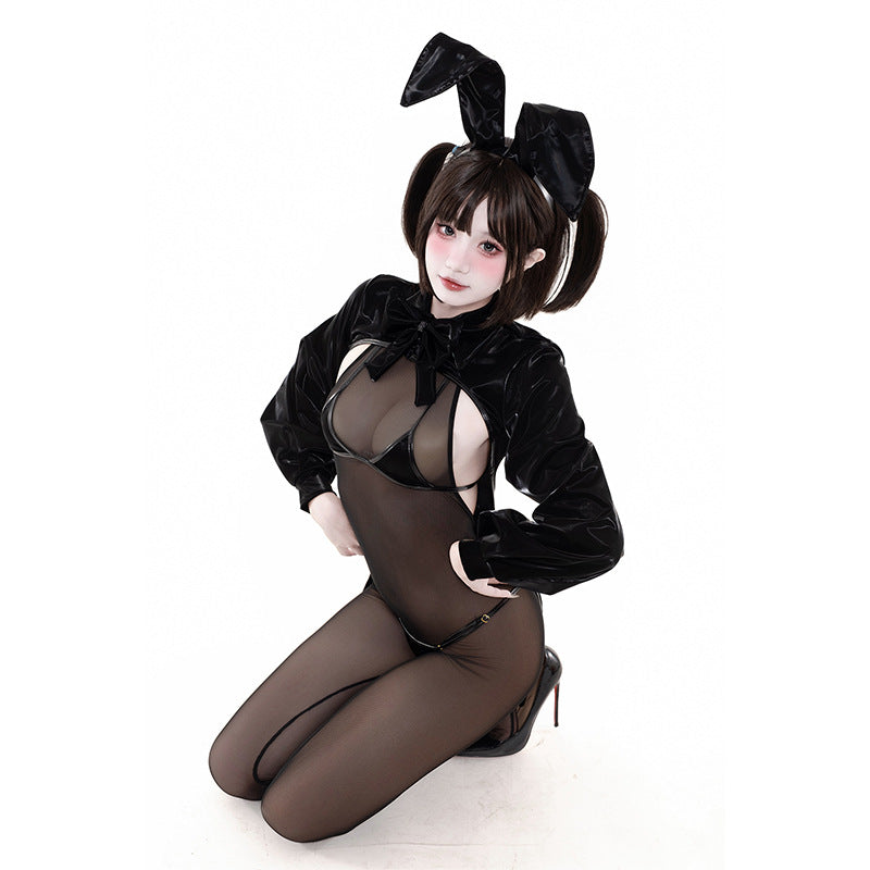 F-242 Shimmering Leather Bunny Girl Sexy Lingerie Halloween Set: Black Headband, Tuxedo-style Bodysuit