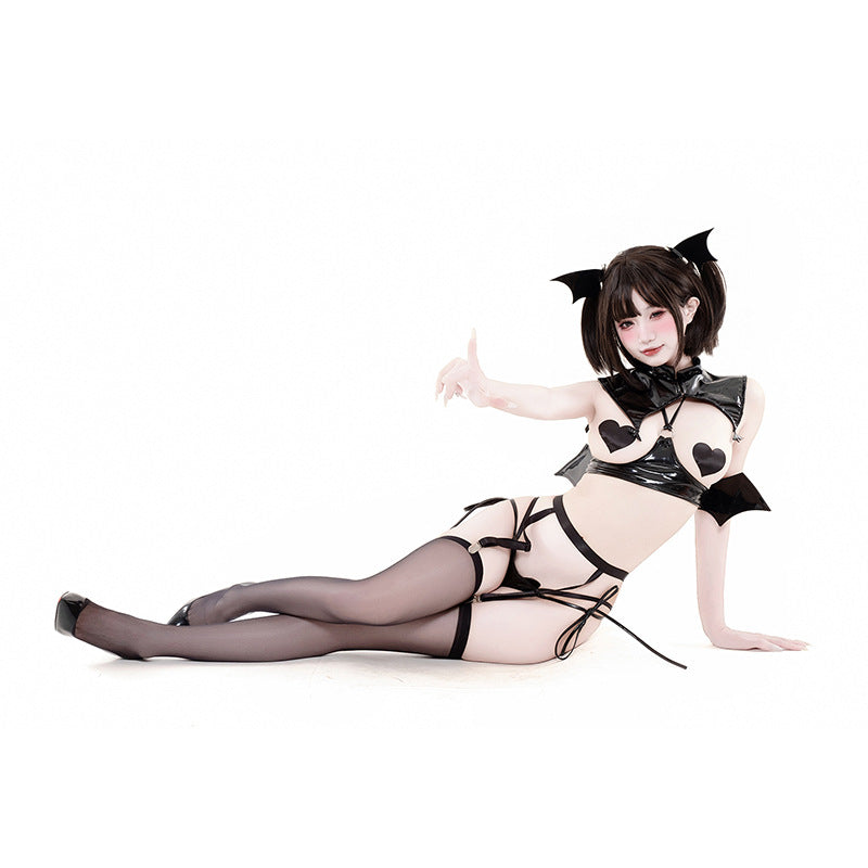 F-241 Patent Leather Little Devil Japanese-Style Anime Cosplay Two-Piece Sexy Lingerie: Innocent-Sexy Style