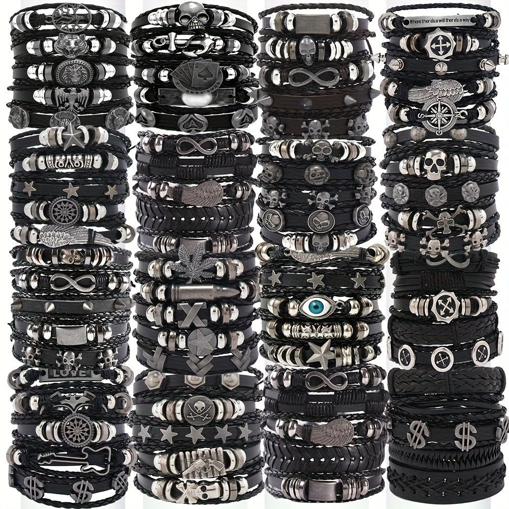 Random10/20/30pcs Punk Hip Hop Style Multi-layer Bracelet Set - Stainless Steel Skull, Cross & Star Elements, Vintage Black with Infinity Symbol, Chic Metal Dots Design, Creative Gift for Teens On Halloween, Thanksgiving, Father's Day & Graduation