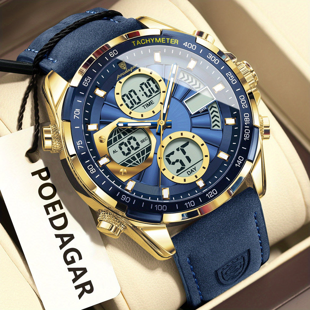 [Sleek Stylish Watch] The POEDAGAR Men's Watch Features a Sleek And Stylish Design Suitable for Casual Attire, Equipped with a Quartz Movement, Alarm Clock, Calendar, And Waterproof Capabilities, Offering Both Analog And Digital Displays