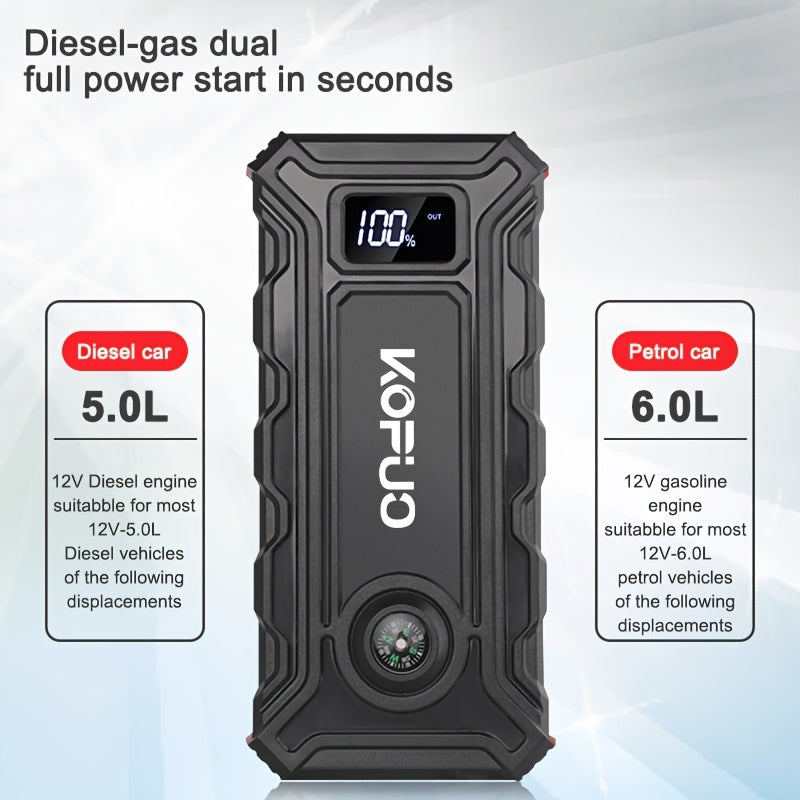 KOPUO 5000A Optional 6000A Car Battery Jump Starter, Battery Jumper Starter Portable (2.38gal Gas/2.11gal Diesel), 65W Charging Jump Box, Portable Car Jump Starter with 160W, Compact, Camping Essentials